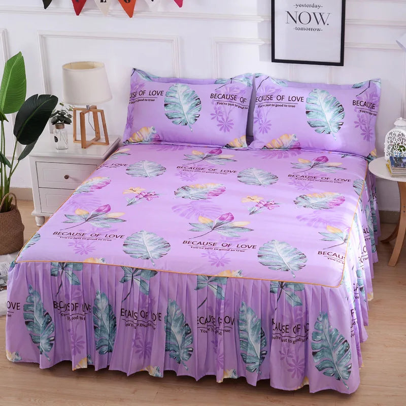 Bedding Set: 3Pcs/Set Korean Brushed Printed Bed Skirt Bed Cover Student Dormitory Non-Slip Sheet Cover Bedroom 3D Lace Bed Skirt Bedding