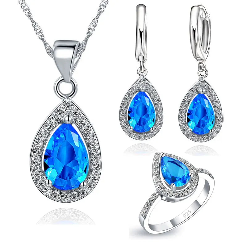 Elegant 925 Sterling Silver Original Wedding Jewelry Set Water Drop Pendant Necklace Earrings Rings AAA Zircon Size 6 7 8 9