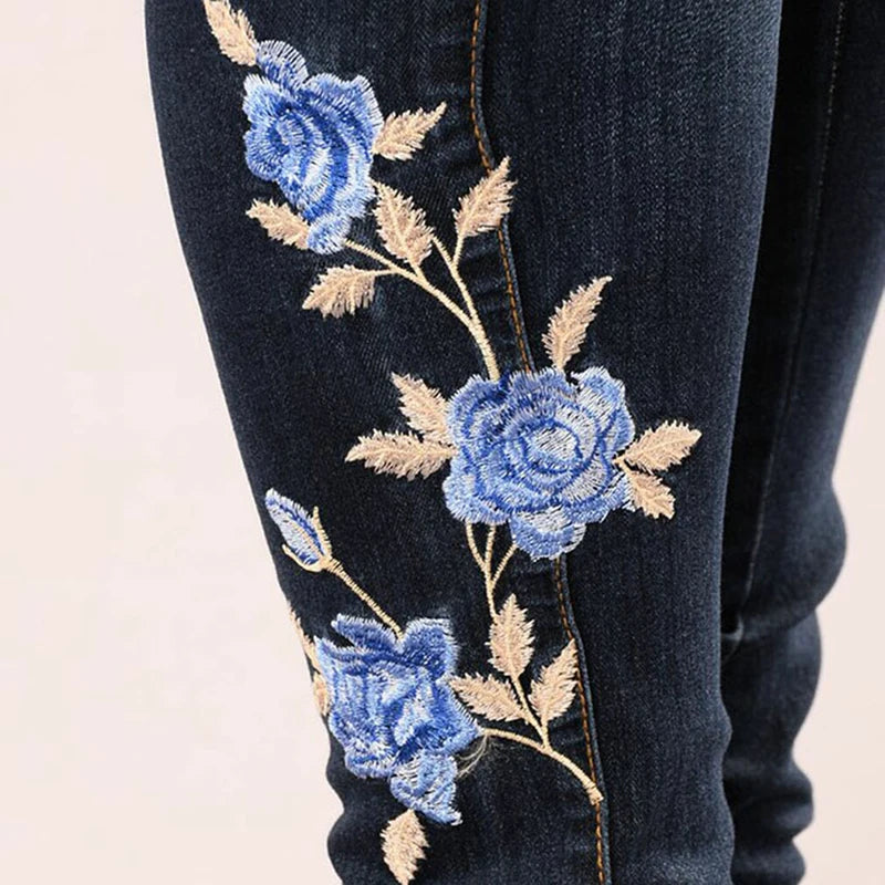 Women Blue Rose Embroidered Jeans Lady's Skinny Jeans Girl's Slim Print Trousers High Waist Sexy Pencil Pants Plus Size