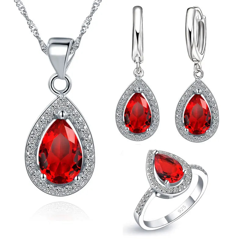 Elegant 925 Sterling Silver Original Wedding Jewelry Set Water Drop Pendant Necklace Earrings Rings AAA Zircon Size 6 7 8 9