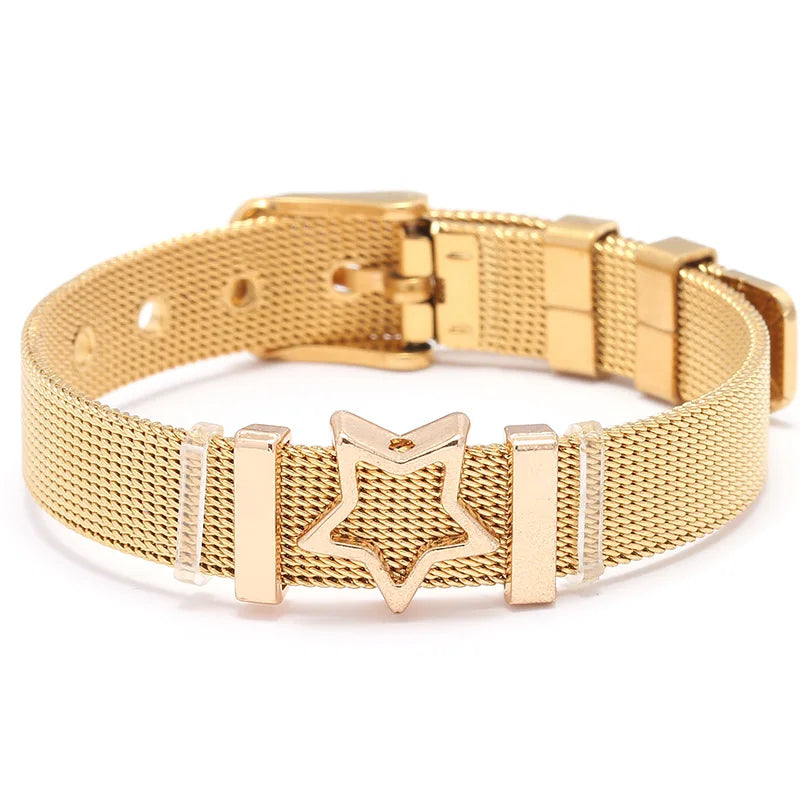 BAOPON Hot Selling Women Stylish Mesh Fine Bracelet Rhinestone Five Star Adjusted Stainless Steel Keeper Charm Bracelets Gift