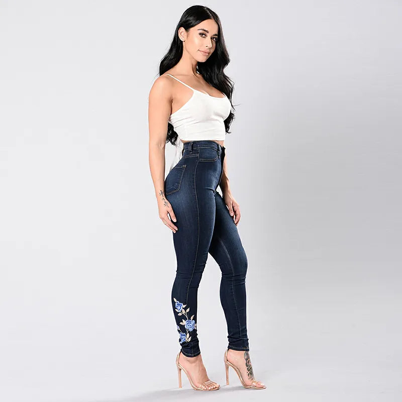 Women Blue Rose Embroidered Jeans Lady's Skinny Jeans Girl's Slim Print Trousers High Waist Sexy Pencil Pants Plus Size