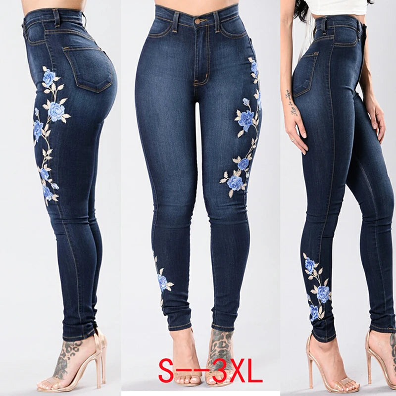 Women Blue Rose Embroidered Jeans Lady's Skinny Jeans Girl's Slim Print Trousers High Waist Sexy Pencil Pants Plus Size