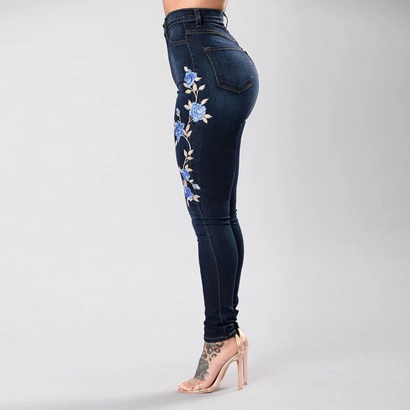 Women Blue Rose Embroidered Jeans Lady's Skinny Jeans Girl's Slim Print Trousers High Waist Sexy Pencil Pants Plus Size