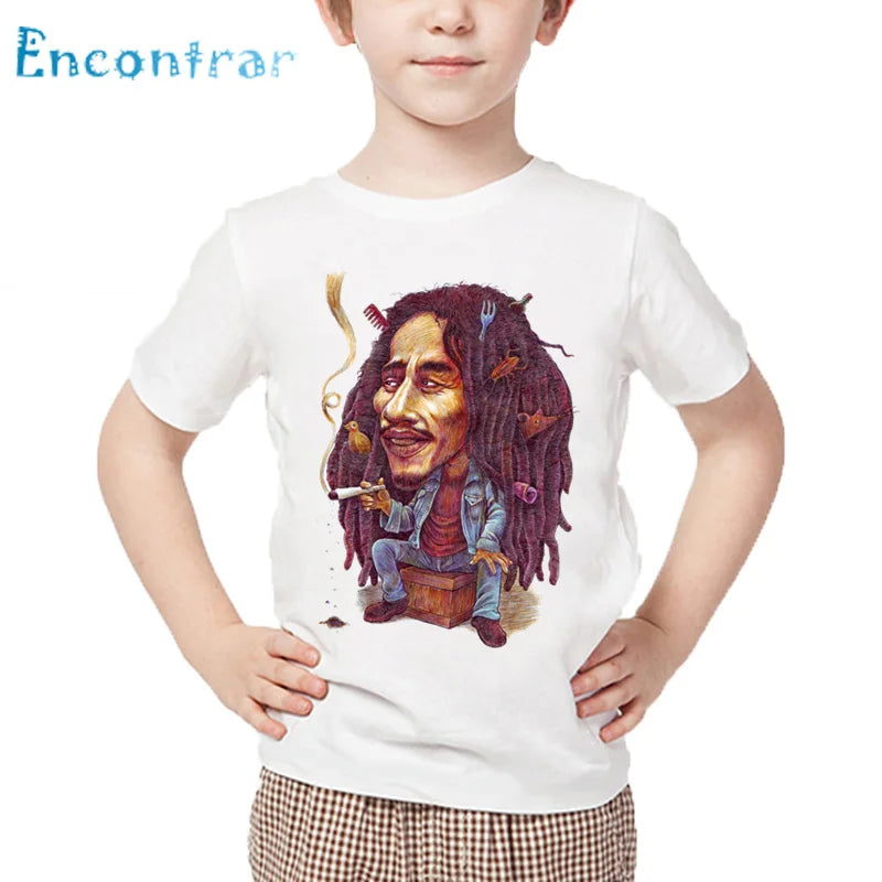 Bob Marley T-Shirt🇯🇲: Kids Jamaica Singer Bob Marley Reggae Rastafari Print T shirt Children Summer White Tops Boys and Girls Casual T-shirt,HKP4118