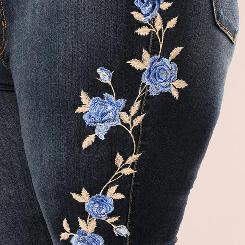 Women Blue Rose Embroidered Jeans Lady's Skinny Jeans Girl's Slim Print Trousers High Waist Sexy Pencil Pants Plus Size