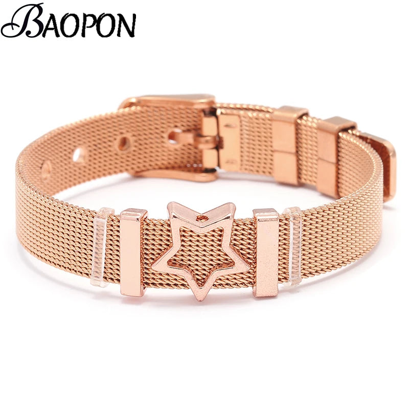 BAOPON Hot Selling Women Stylish Mesh Fine Bracelet Rhinestone Five Star Adjusted Stainless Steel Keeper Charm Bracelets Gift