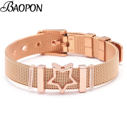 BAOPON Hot Selling Women Stylish Mesh Fine Bracelet Rhinestone Five Star Adjusted Stainless Steel Keeper Charm Bracelets Gift