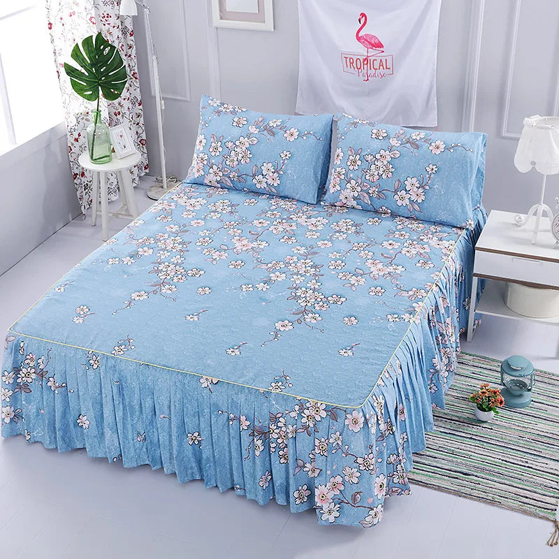 Bedding Set: 3Pcs/Set Korean Brushed Printed Bed Skirt Bed Cover Student Dormitory Non-Slip Sheet Cover Bedroom 3D Lace Bed Skirt Bedding