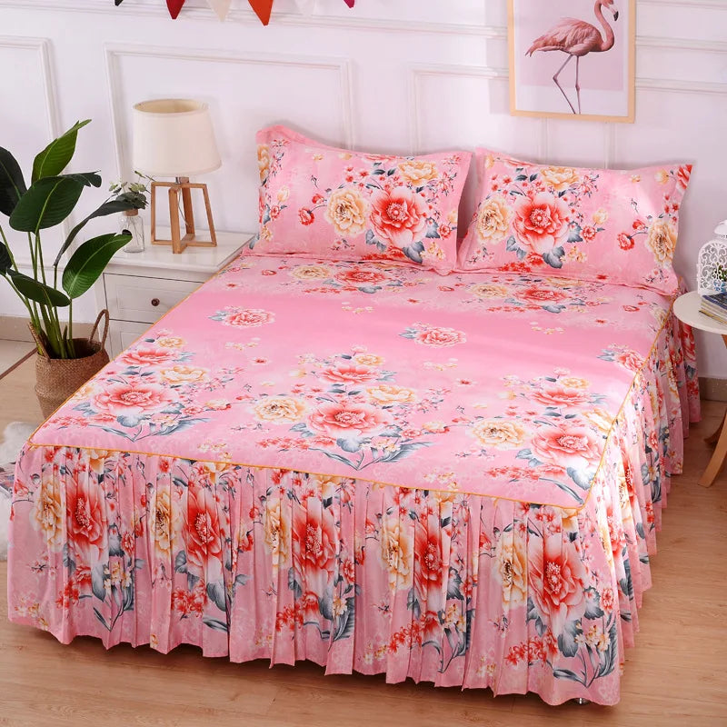 Bedding Set: 3Pcs/Set Korean Brushed Printed Bed Skirt Bed Cover Student Dormitory Non-Slip Sheet Cover Bedroom 3D Lace Bed Skirt Bedding