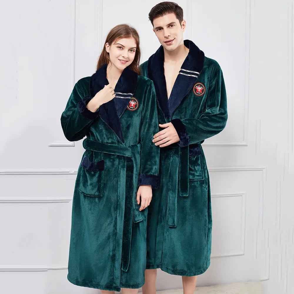 Kimono Couple Robe: Winter Warm Couple Flannel Robe Sleepwear Loose Casual Kimono Bathrobe Gown Thick Coral Fleece Women Nightwear Nightgown 3XL - Plus Size