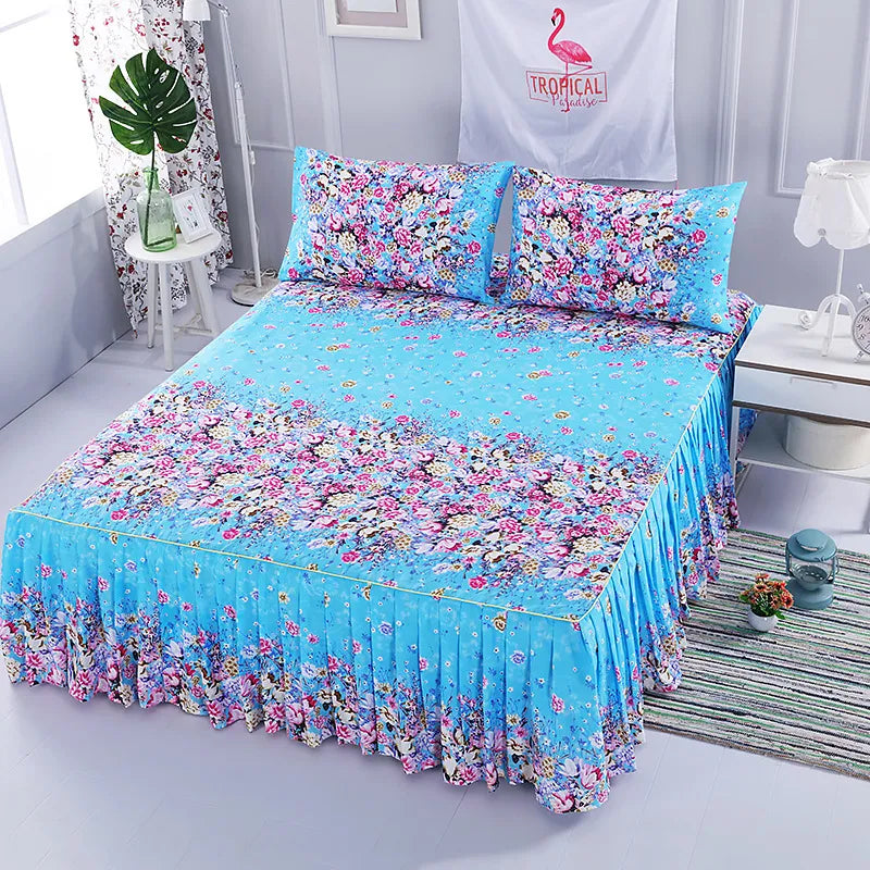 Bedding Set: 3Pcs/Set Korean Brushed Printed Bed Skirt Bed Cover Student Dormitory Non-Slip Sheet Cover Bedroom 3D Lace Bed Skirt Bedding