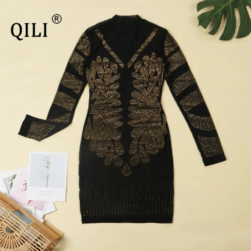 Sequin Goddess Dress (6): QILI Black Gold Diamonds Dress for Womens Sexy See Through Mesh Rhinestone Long Sleeve Dresses Party Club Short Dress Mini