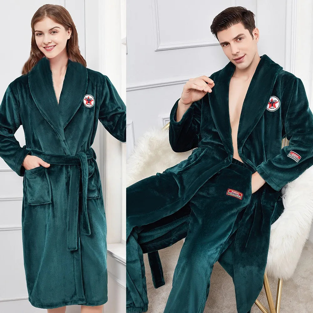 Kimono Couple Robe: Winter Warm Couple Flannel Robe Sleepwear Loose Casual Kimono Bathrobe Gown Thick Coral Fleece Women Nightwear Nightgown 3XL - Plus Size