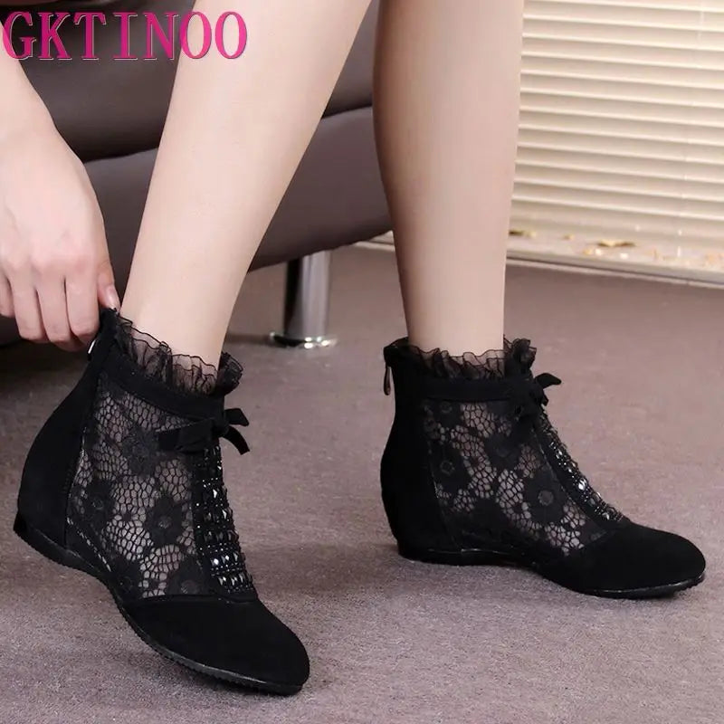 GKTINOO 2023 Fashion Summer Ankle Boots for Women Flat Heel Boots Mesh Height Increasing Casual Shoes Genuine Leather Big Size