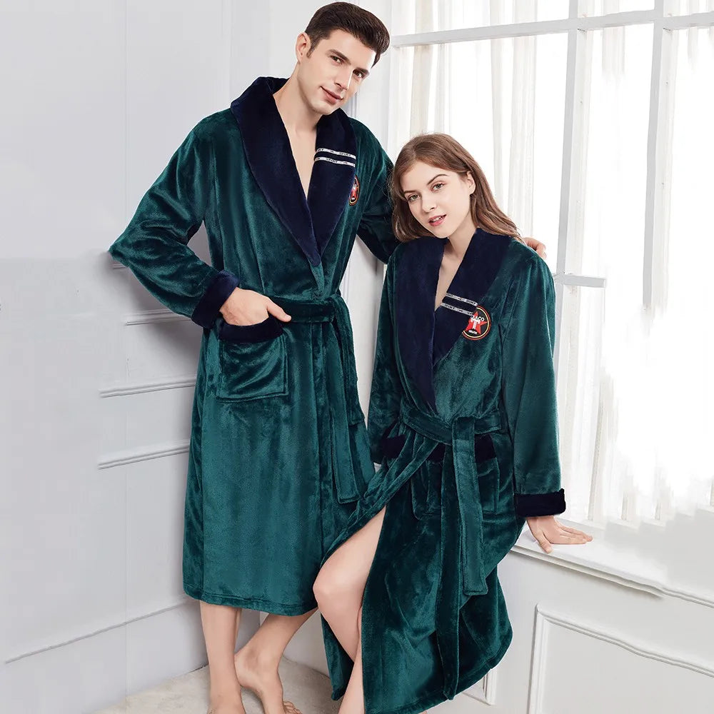 Kimono Couple Robe: Winter Warm Couple Flannel Robe Sleepwear Loose Casual Kimono Bathrobe Gown Thick Coral Fleece Women Nightwear Nightgown 3XL - Plus Size