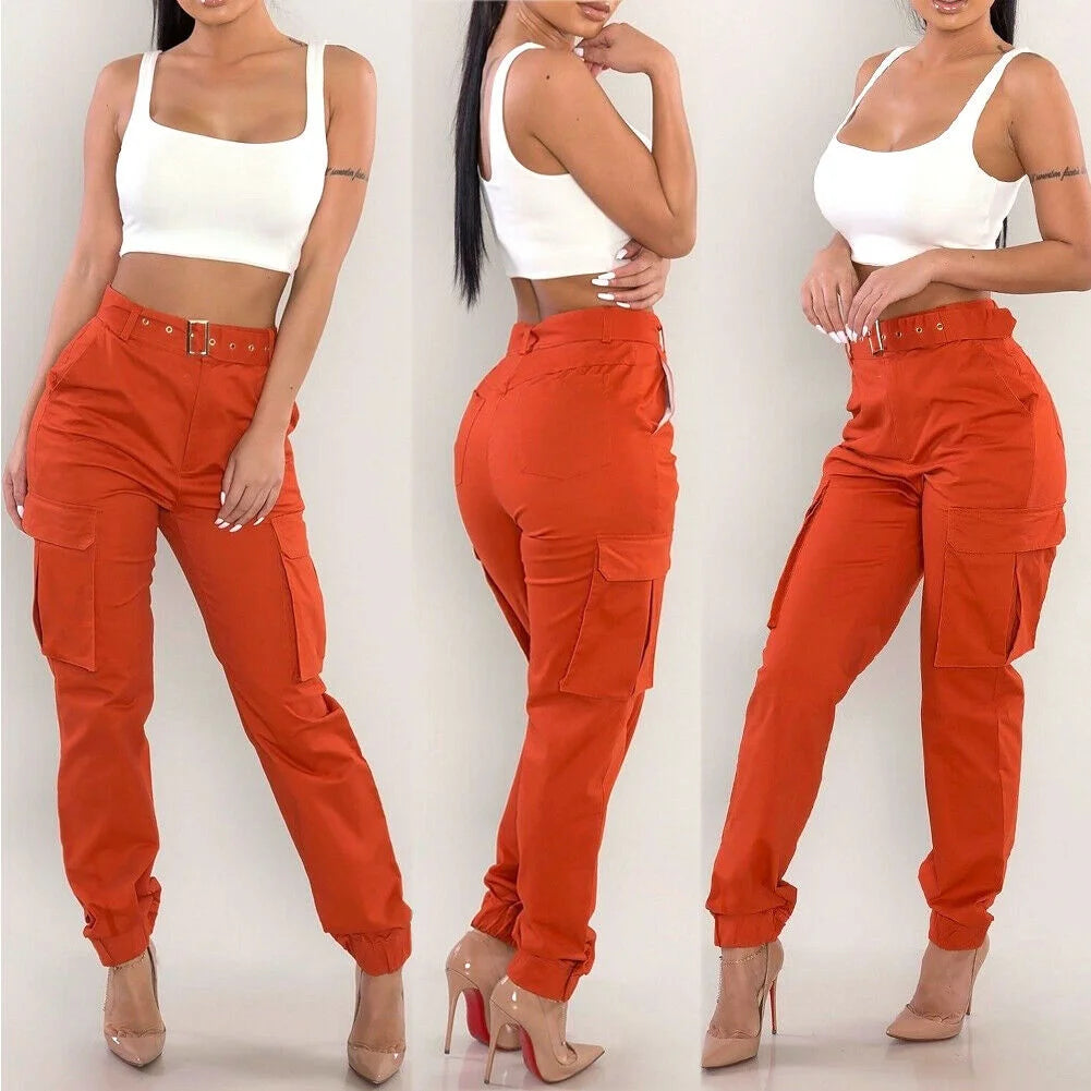 Winsome Cargo Pants: Women Military Army Green Long Cargo Pants Ladies Trousers Casual Combat Cool Pants Sheer Khaki Orange with Sashes Plus Size Up To 2XL