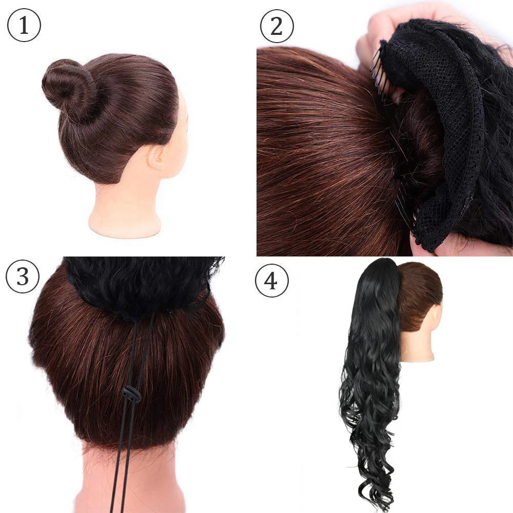 MerisiHair Synthetic Ponytail Extension Long Black Drawstring Wavy Ponytail Hair African American for Women Body Wavy Ponytail