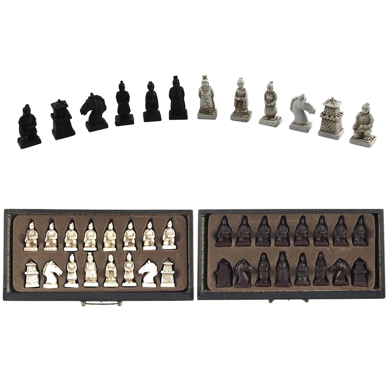 Hobby: New Wood Chess Chinese Retro Terracotta Warriors Chess Wood Do old Carving Resin Chessman Christmas Birthday Premium Gift Yernea