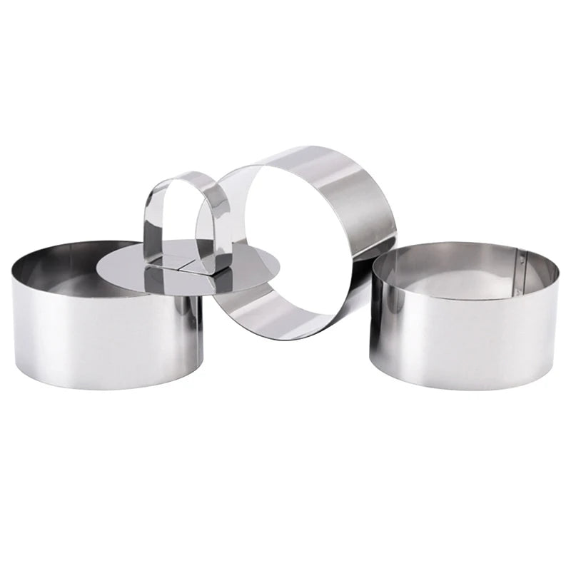 4 Piece Round Stainless Steel Mousse Cake Mold Baking Tools-Making Cake Decoration Tools,Includes 3 Rings And 1 Food Press