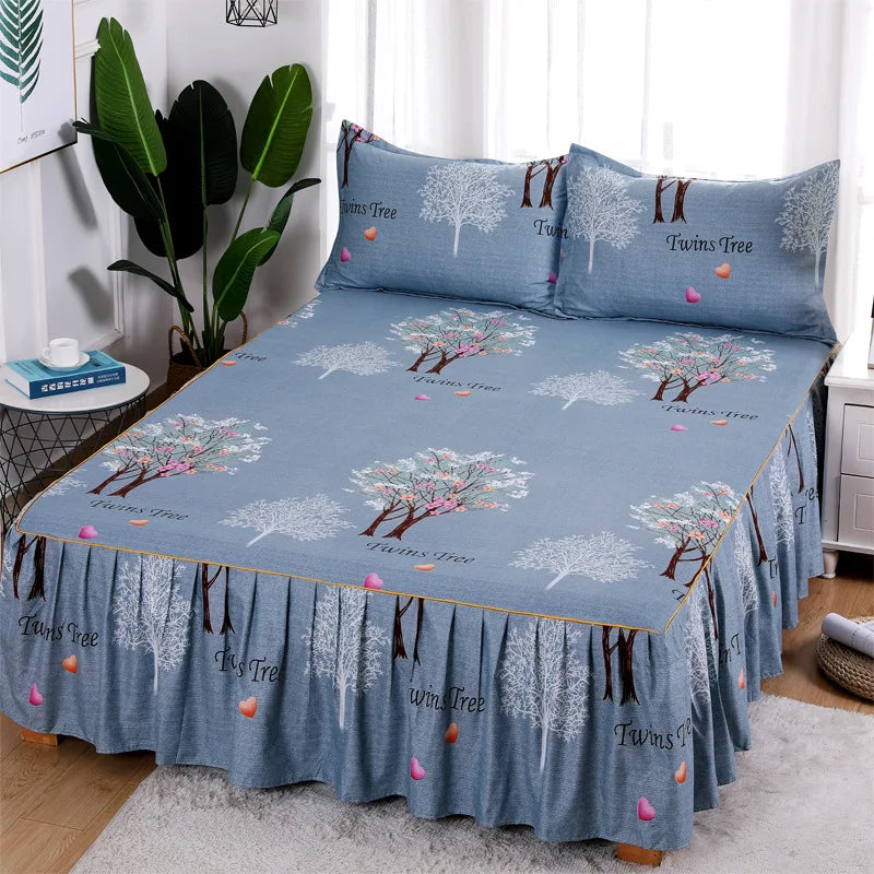 Bedding Set: 3Pcs/Set Korean Brushed Printed Bed Skirt Bed Cover Student Dormitory Non-Slip Sheet Cover Bedroom 3D Lace Bed Skirt Bedding