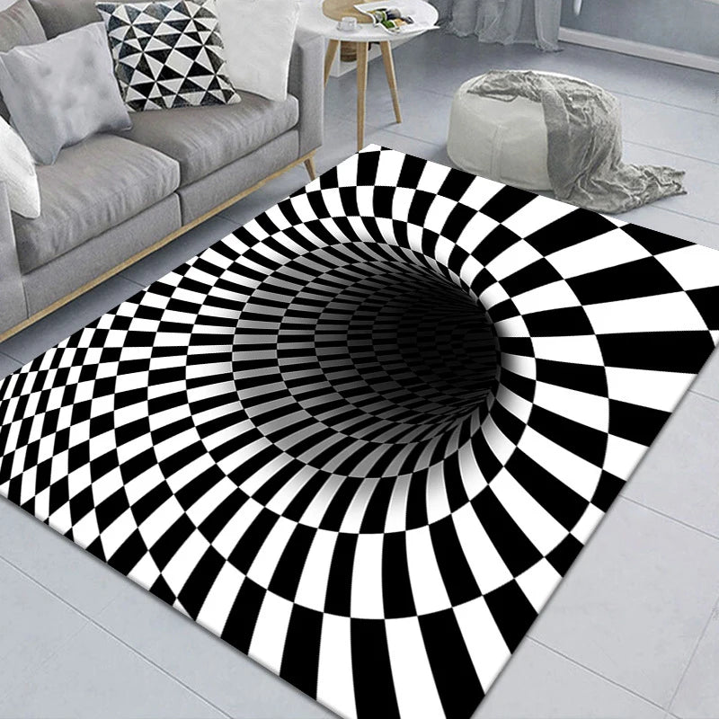 Vortex Illusion Rug 3D Trap Effect Bottomless Hole Carpet Geometric Black White Grid Bedroom Living Room Anti Slip Floor Mats