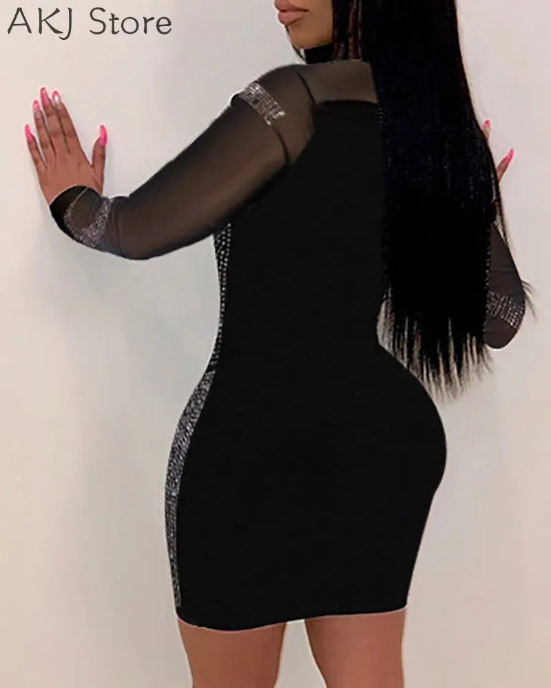 Sequin Goddess Dress (7): Women Solid Color Rhinestone Design Long Sleeve Sheer Mesh Bodycon Dress