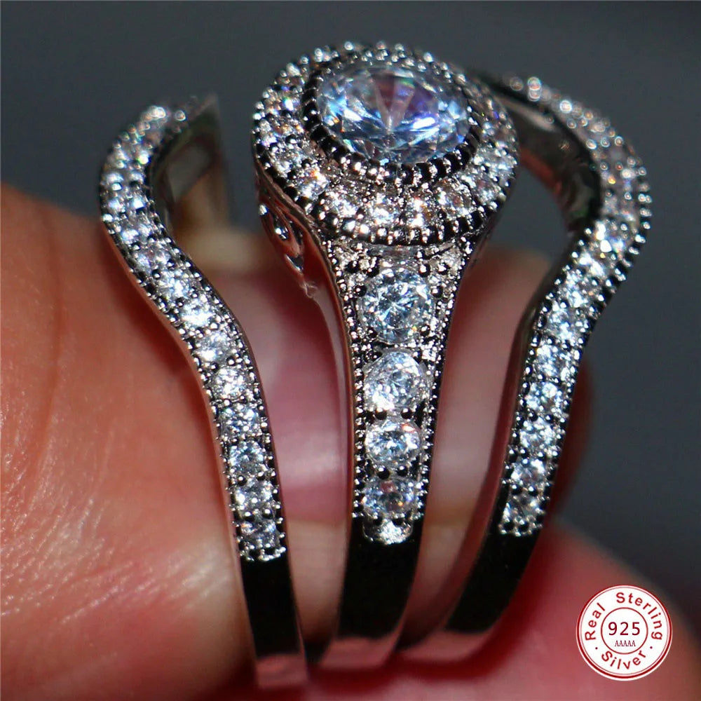 3Pcs/Set 2019 Luxury Round Cut AAA Zircon Crystal Rings For Women 925 Sterling Sliver Wedding Female Rings Set Jewelry