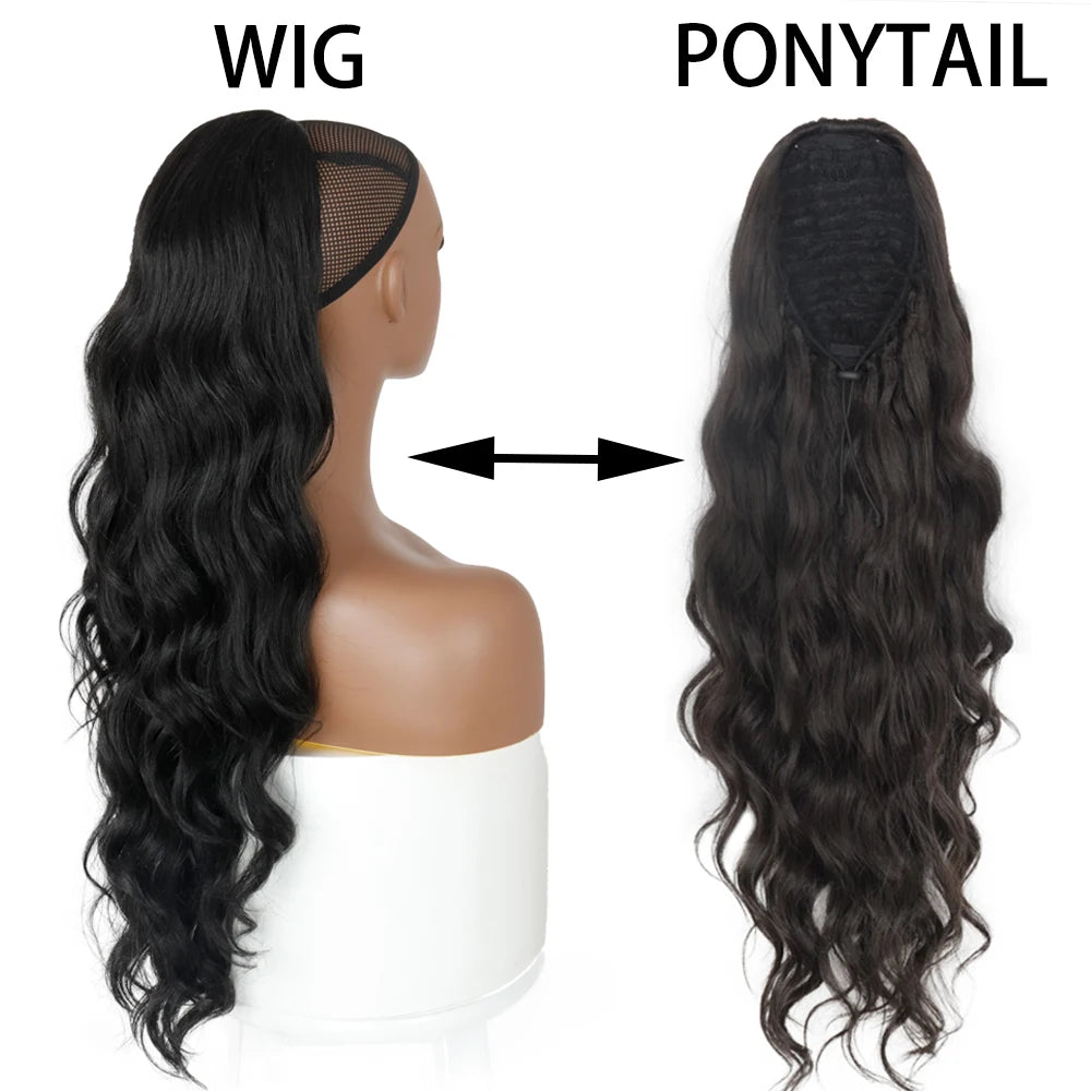 MerisiHair Synthetic Ponytail Extension Long Black Drawstring Wavy Ponytail Hair African American for Women Body Wavy Ponytail