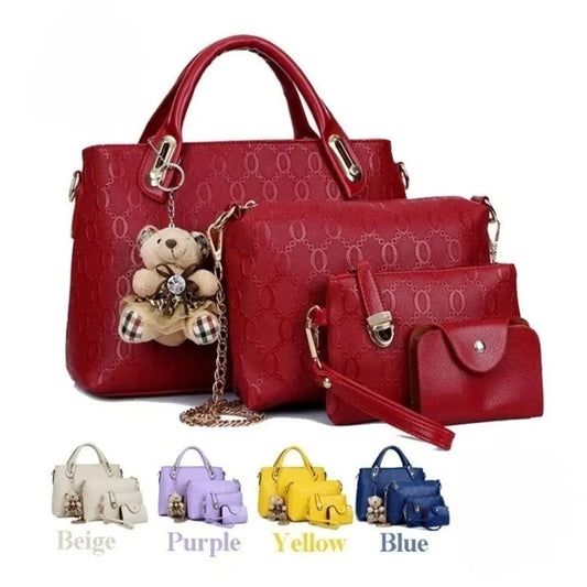 Handbag Set:  4PCS Set PU Leather Leisure Bag Handbag Shoulder Hanging Wallet Composite Bag Elegant Lady Bear Pendant Bag