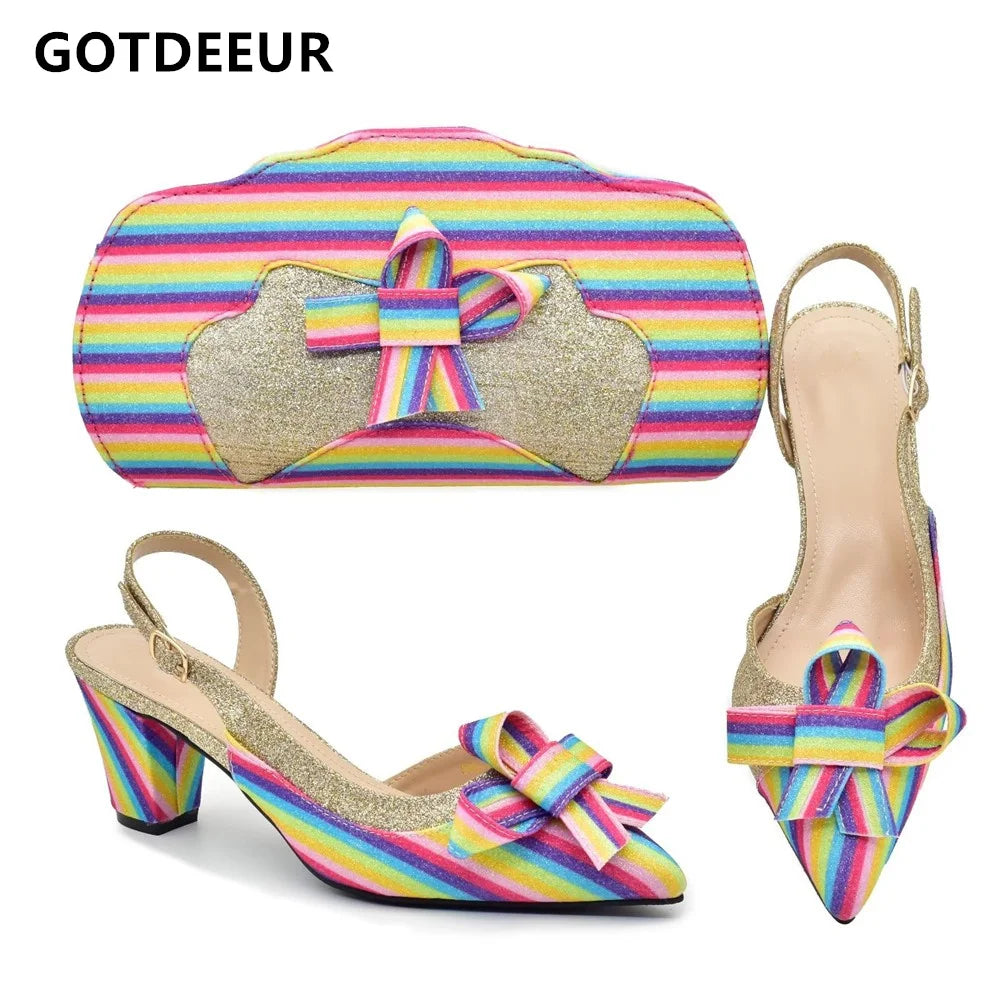 Italian High Fashion Shoes Decorated with Rainbow Butterfly Shoes and Bag To Match for Wedding Nigeria Bag and Shoes for Ladies