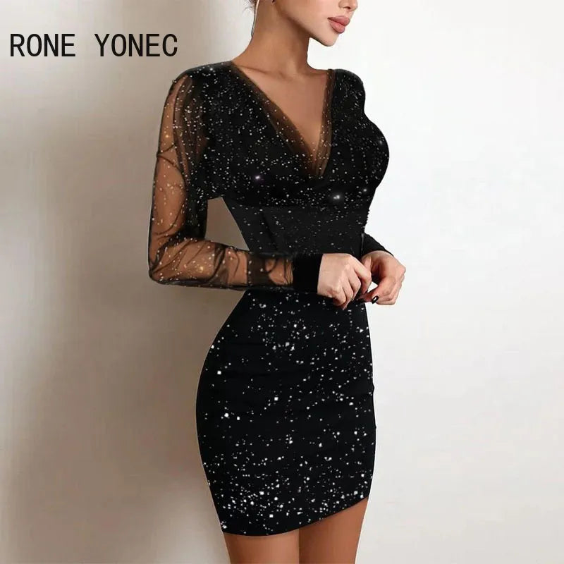 Women Elegant Chic Mesh Patchwork Deep V Neck Long Sleeves Glitter Mini Party Sexy Bodycon Black Dresses