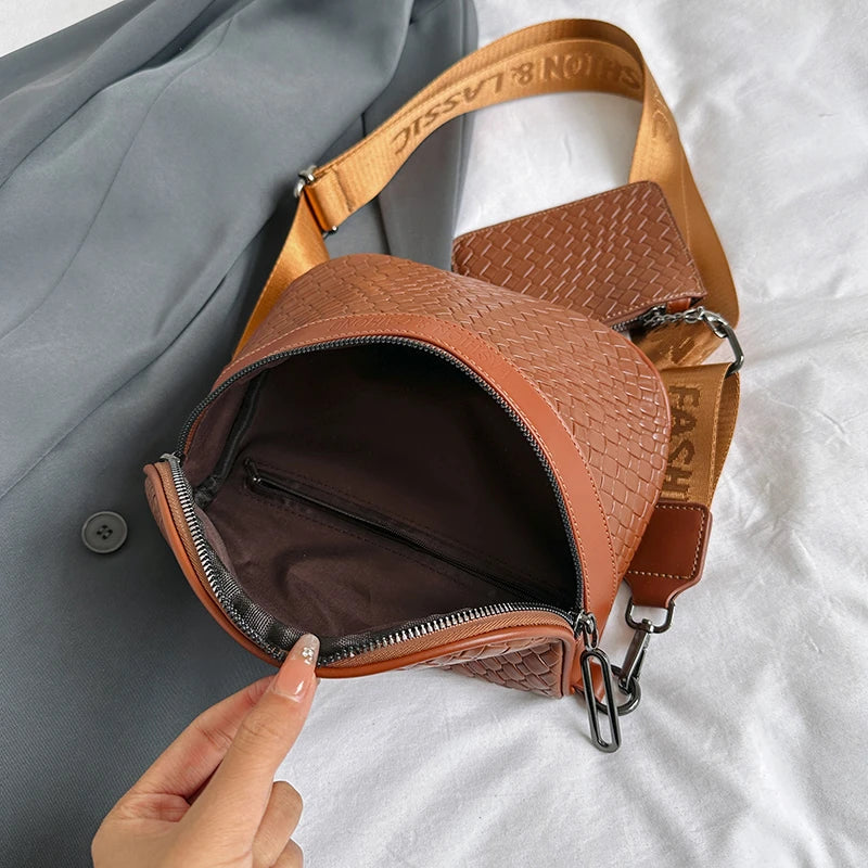 Handbag Set: 2PCS Set Semicircle Saddle Shoulder Crossbody Bags For Women Casual 2 Pieces Set Pu Leather Messenger Bag Adjustable Wide Strap Handbags