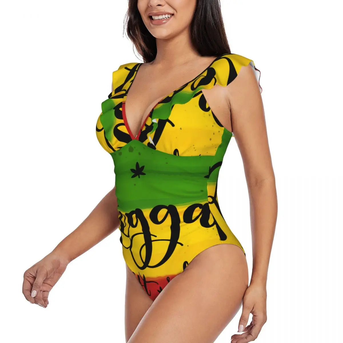 Women Brush Stroke Reggae One Piece Swimwear Sexy Ruffle Swimsuit Summer Beach Wear Slimming Bathing Suit