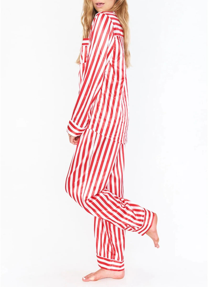 Women Christmas Pajama Set Striped Long Sleeve Shirt Elastic Waist Pants Sleepwear Xmas Holiday 2PC Lounge Outfits