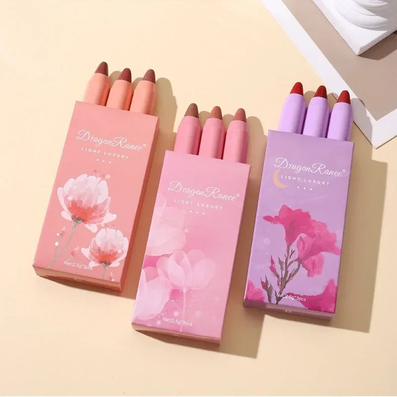 Velvet Lipstick Set 3pcs Crayon Lip Stick Set Matte Nude Color Lipstick Pen Makeup Smooth High Color Rendering Lip Rouge Sticks