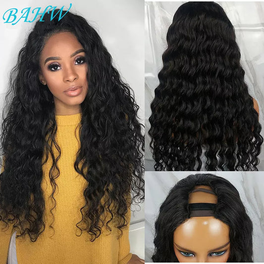 Glueless Wig: BAHW Brazilian Glueless Loose Deep Wave 100% Human Hair U Part Wigs 180% Density Remy Unprocessed Loose Deep Wave U Shape Wig