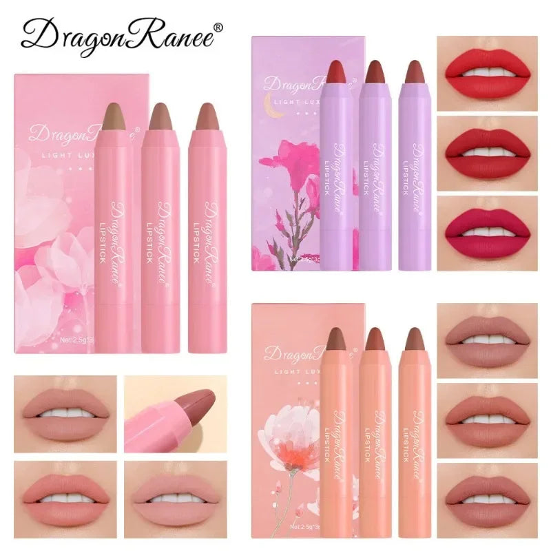 Velvet Lipstick Set 3pcs Crayon Lip Stick Set Matte Nude Color Lipstick Pen Makeup Smooth High Color Rendering Lip Rouge Sticks