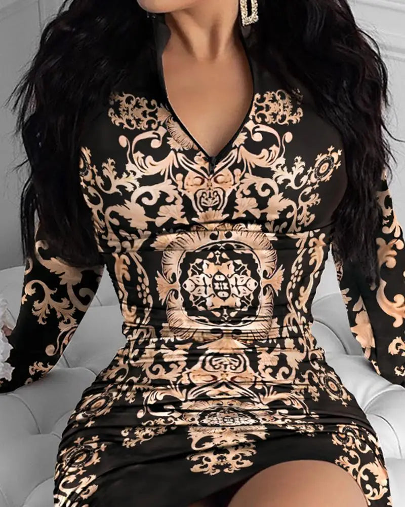 Sequin Goddess Dress (10): Elegant Women's Dresses Spring Autumn Fashion Graphic Print Zipper Detail Sexy V-Neck Long Sleeve Skinny Mini Party Dress