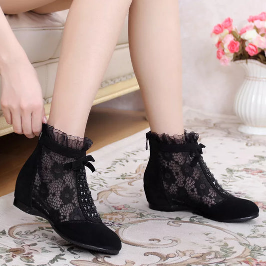 GKTINOO 2023 Fashion Summer Ankle Boots for Women Flat Heel Boots Mesh Height Increasing Casual Shoes Genuine Leather Big Size