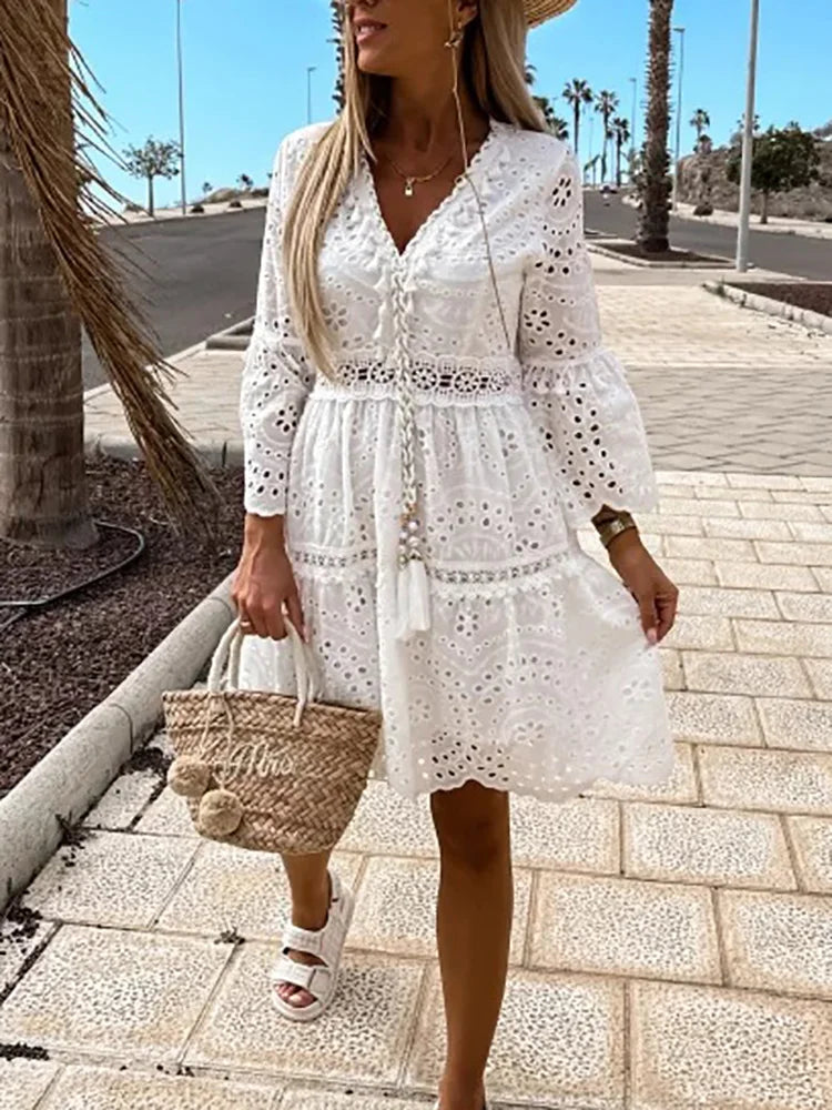 Women Casual Flare Sleeve Loose Dress Ladies Elegant V Neck Solid Party Dress Summer Sexy Hollow Out Femme Tassel Dress Vestidos