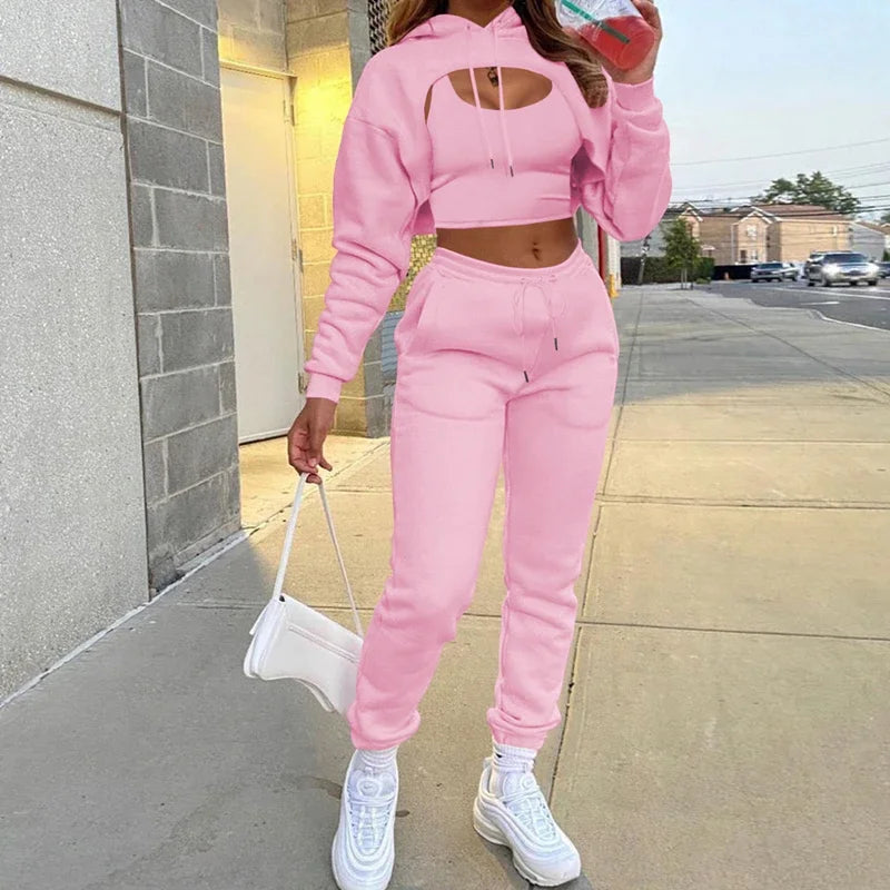 Heather Tracksuit Set: 3Pcs Set Women Tracksuit Autumn Winter Fleece Long Sleeve Pullover Crop Top Hoodie+Tanks+Jogger Pants Solid Outfit Sport Suit