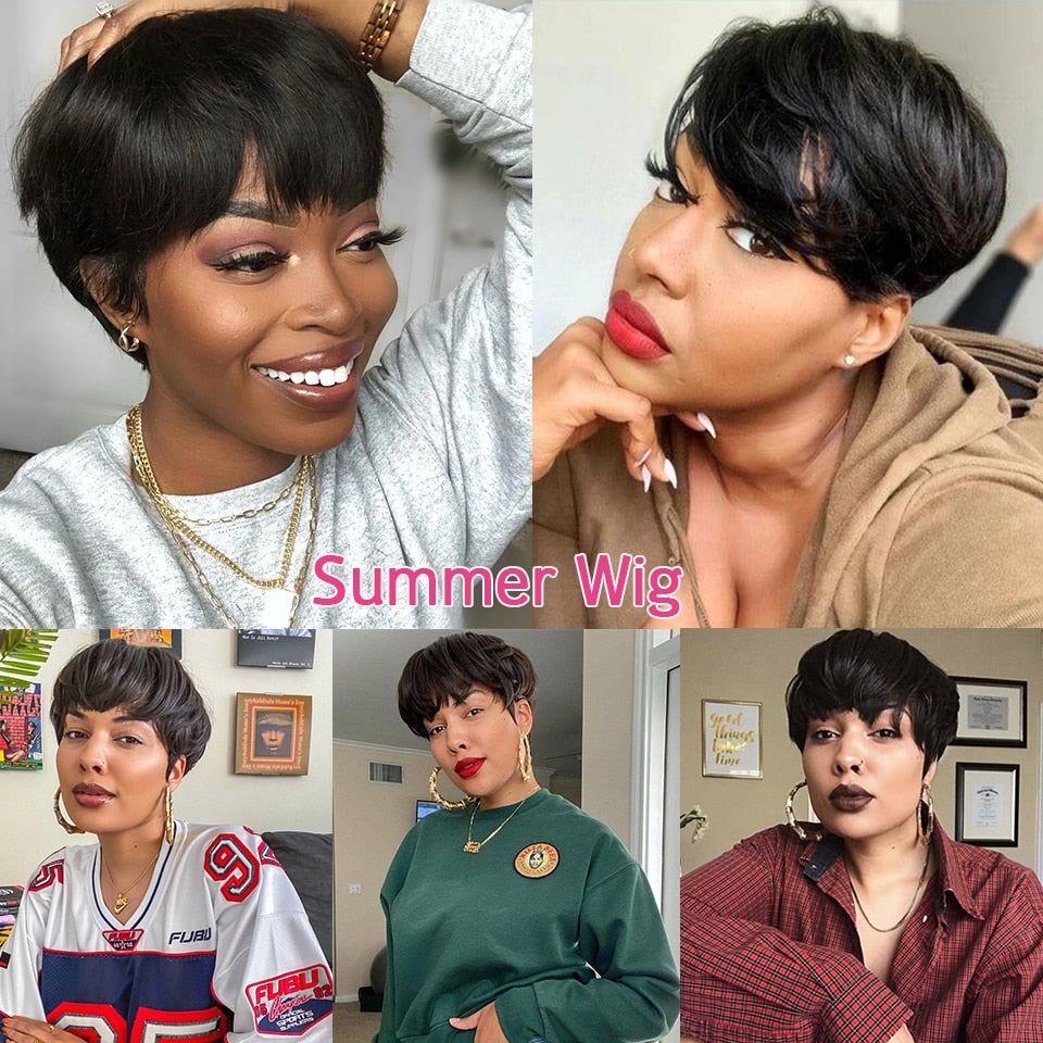 Short Human Hair Wigs Pixie Cut Straight Remy Brazilian Hair