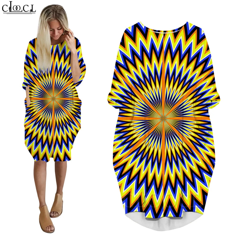 Striking Print Vortex Dress: CLOOCL Illusion Vortex Dresses Women Fashion Casual Female Clothing Print Eye-catching Street Wear Long Sleeve Midi Dresses Plus Size