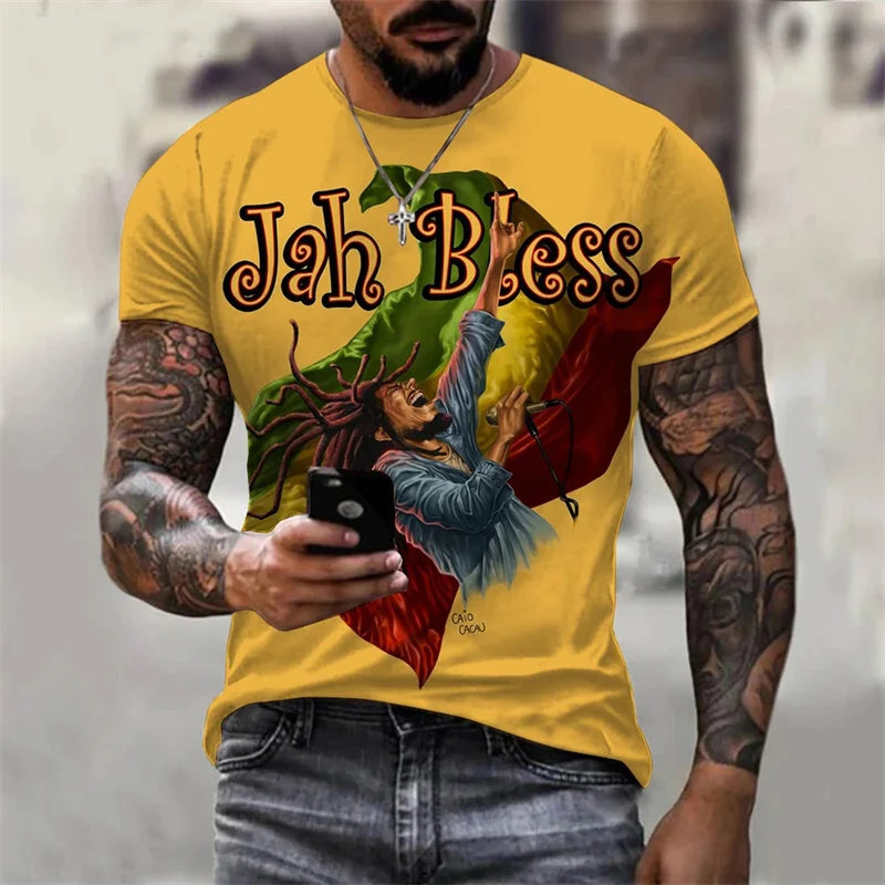 Jamaica "JAH BLESS" T-Shirt🇯🇲: New Fashion Personality 3D Unisex Street Leisure Reggae Round Neck Short Sleeve Men's T-shirt Large T-shirt Top Clothing