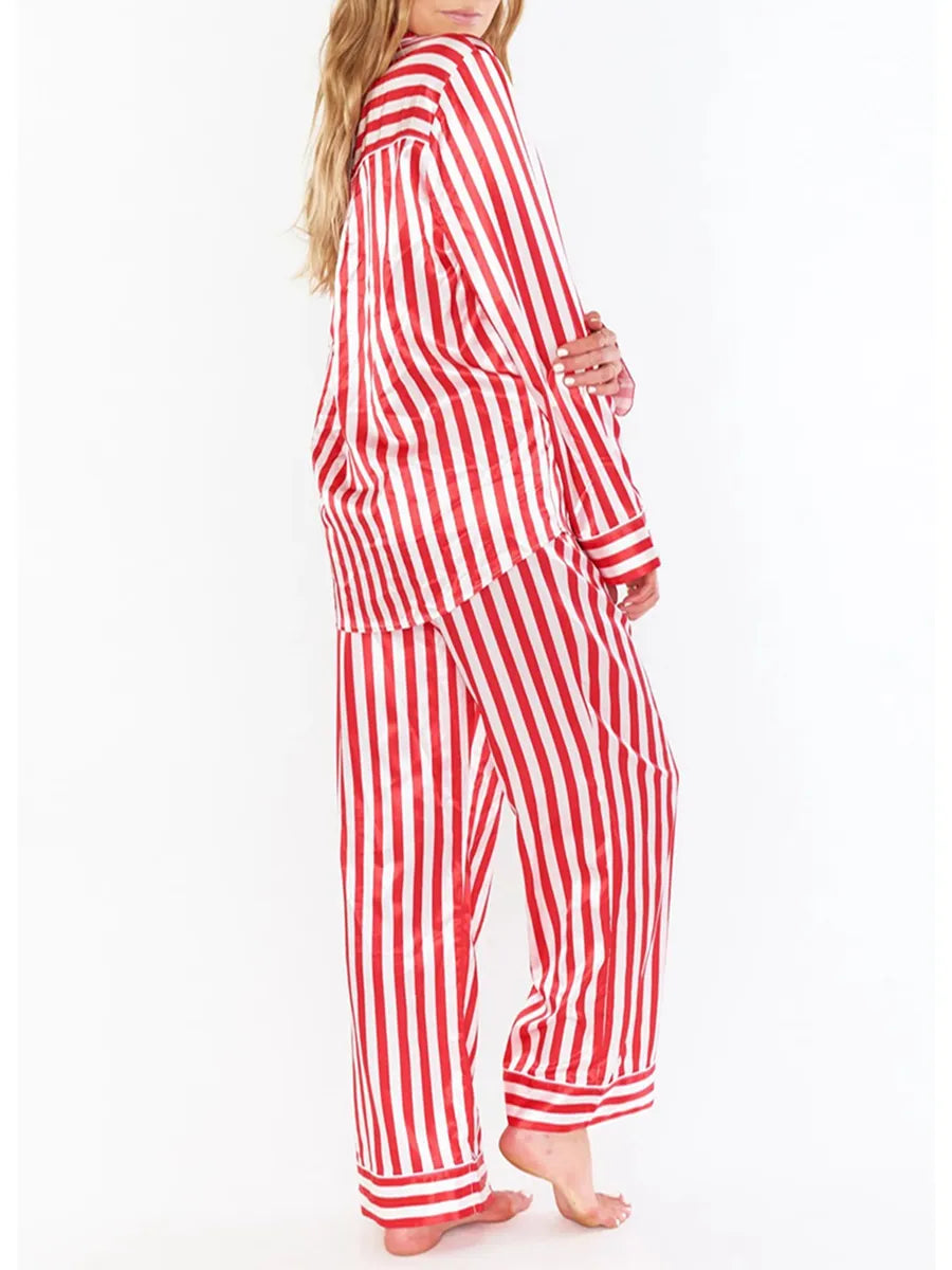 Women Christmas Pajama Set Striped Long Sleeve Shirt Elastic Waist Pants Sleepwear Xmas Holiday 2PC Lounge Outfits