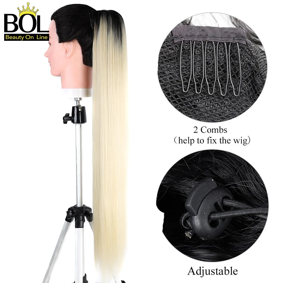 BOL Clip in Ponytail Extensions Wrap Around Long Straight Pony Tail Hair 30Inch Synthetic Hairpiece Blonde Drawstring Ponytail