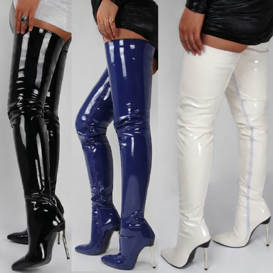 Women Boots: Ladies Patent Leather Over The Knee Boots High Heel Sexy High Boot 2023 New Large Size Stiletto Women's Boots