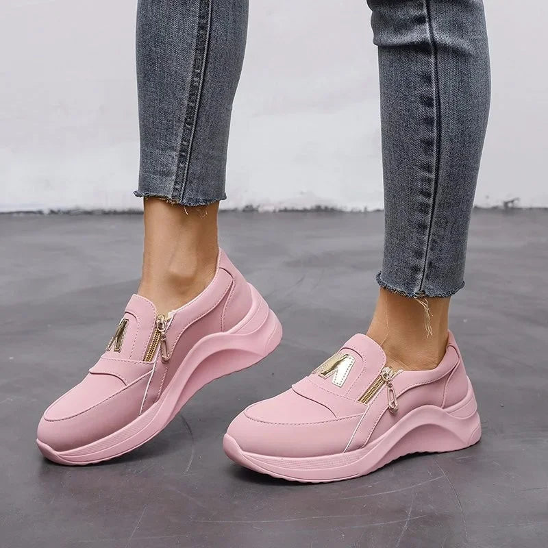 Women's Shoes: Jogging Shoes Thick Bottom Solid Ladies Vulcanized Sneakers Casual Wedges Slip on Zipper Shoes Women Platform Sneakers