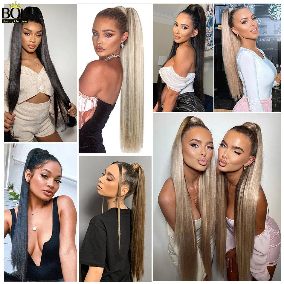 BOL Clip in Ponytail Extensions Wrap Around Long Straight Pony Tail Hair 30Inch Synthetic Hairpiece Blonde Drawstring Ponytail